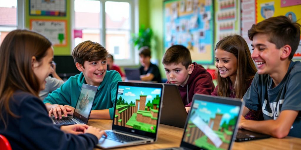 Students playing Minecraft in a colorful classroom setting.