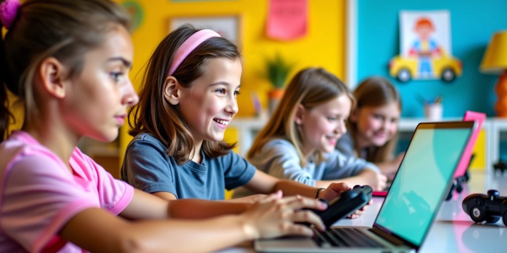 Children coding with laptops and game controllers in a bright setting.